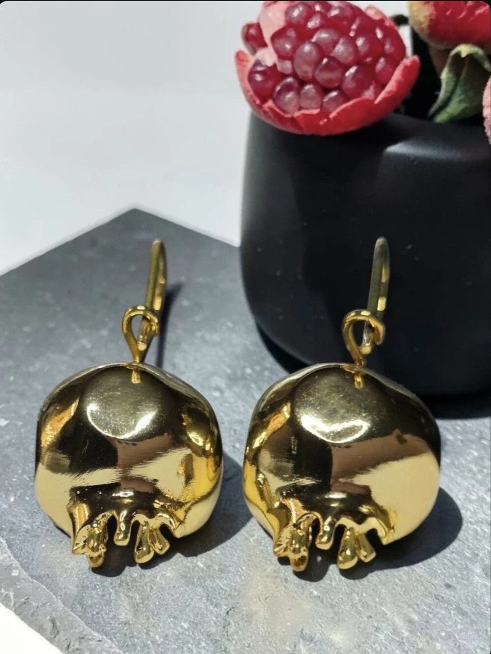 18k Gold Plated Genuine Garnet Pomegranate Dangle Earrings